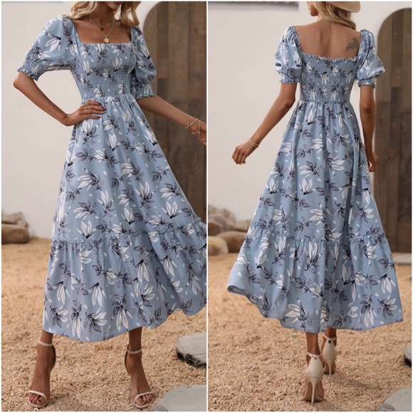 Boho Floral Print Puff Sleeve Ruffle Maxi Dress - Picture 2 of 3
